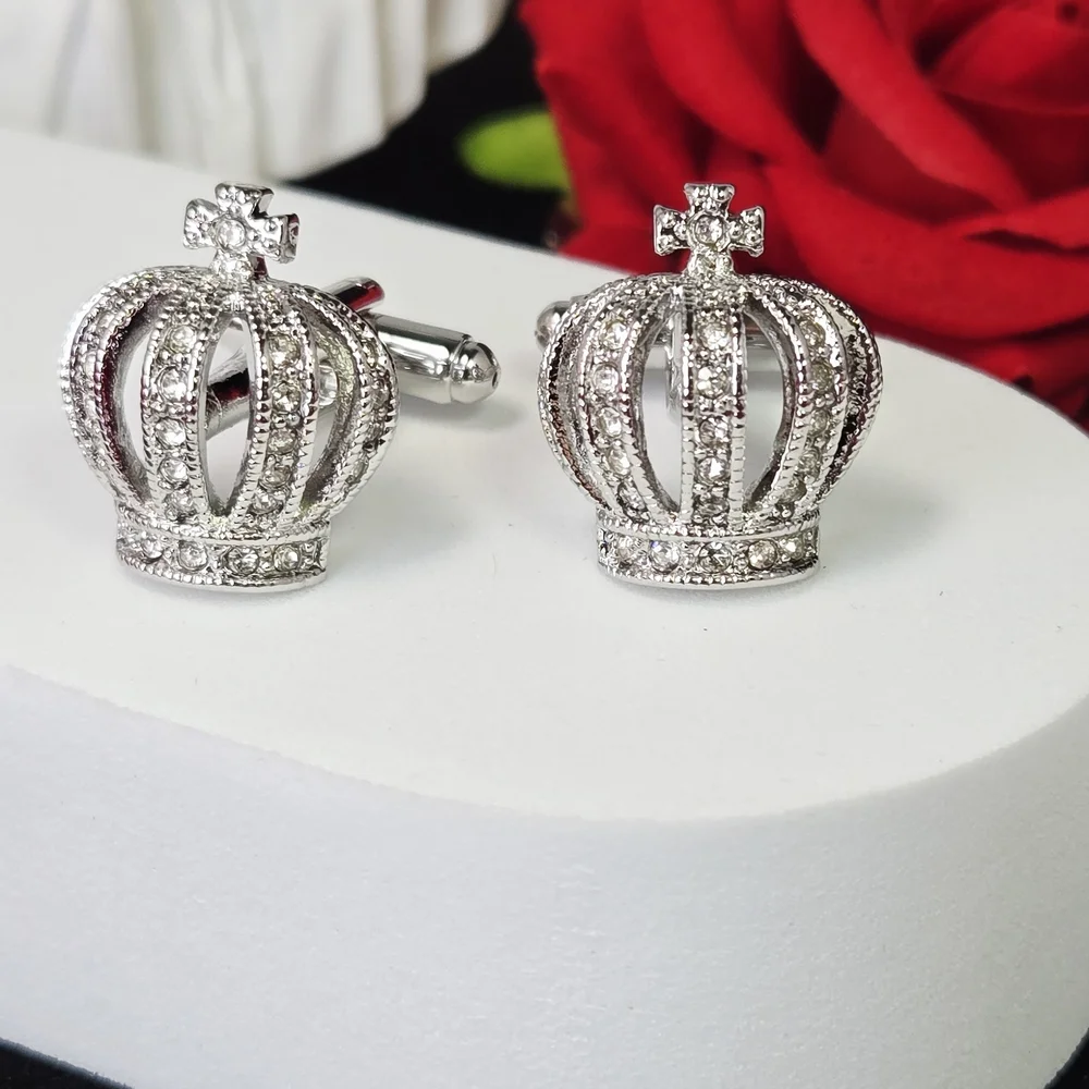 Royal Crown Cufflinks Silver Rhinestone King Regal French Cuff Formal Wedding